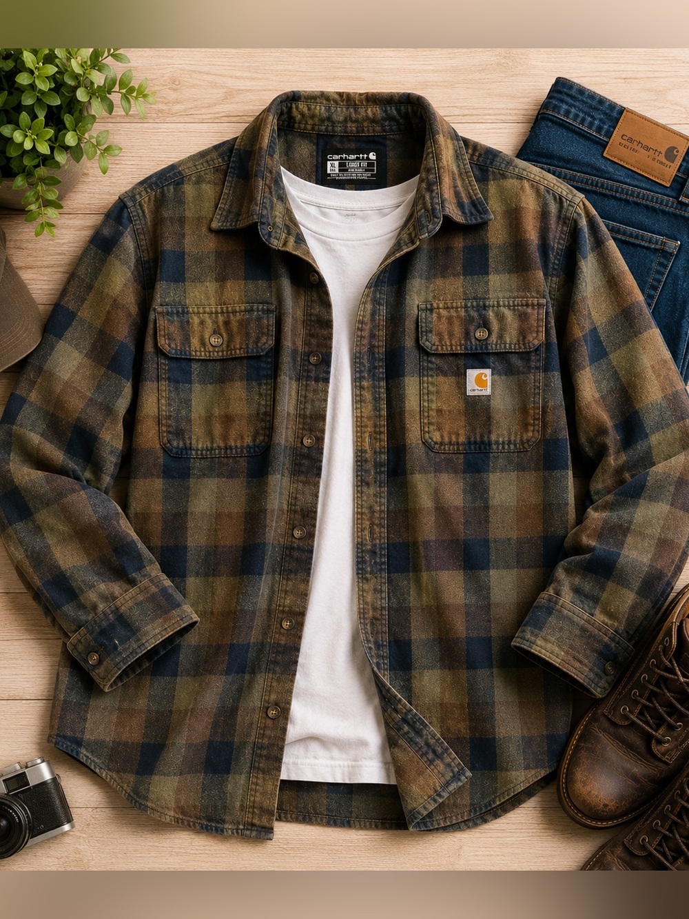Carhartt Olive, Navy & Brown Plaid Flannel Work Shirt